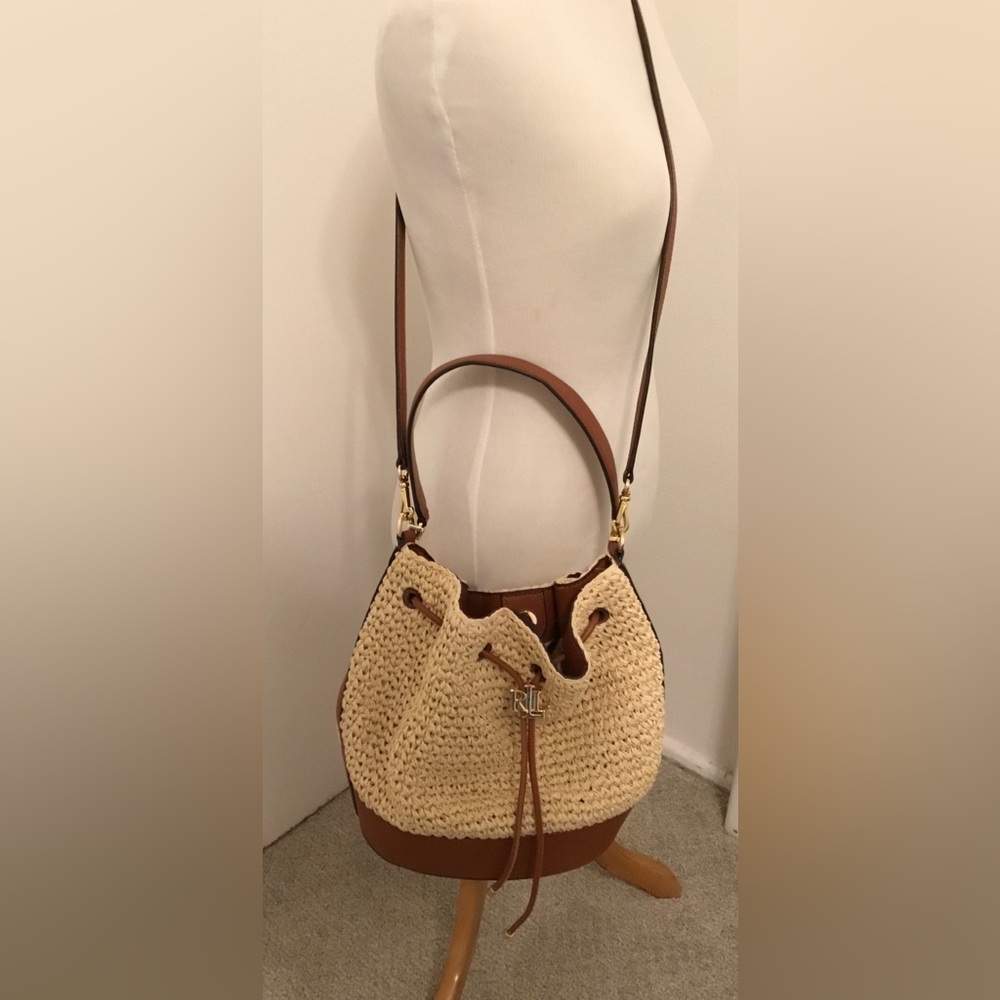 Lauren by RALPH LAUREN “Andie”Bucket Drawstring Straw & Leather Crossbody NWOT - Picture 3 of 16
